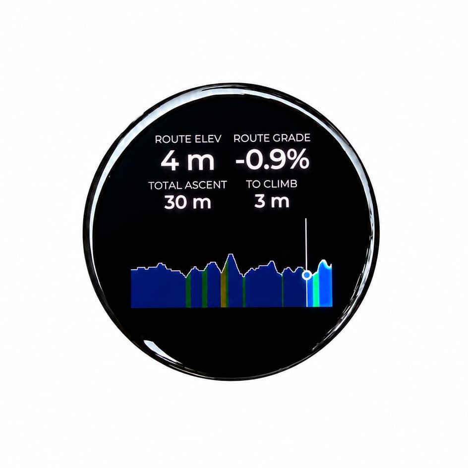Bicino elevation screen showing route elevation, grade, total ascent, remaining climb, and elevation profile