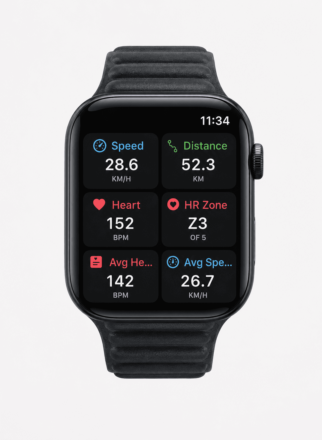 Apple Watch showing Bicino cycling metrics including speed, distance, heart rate and heart-rate zone.
