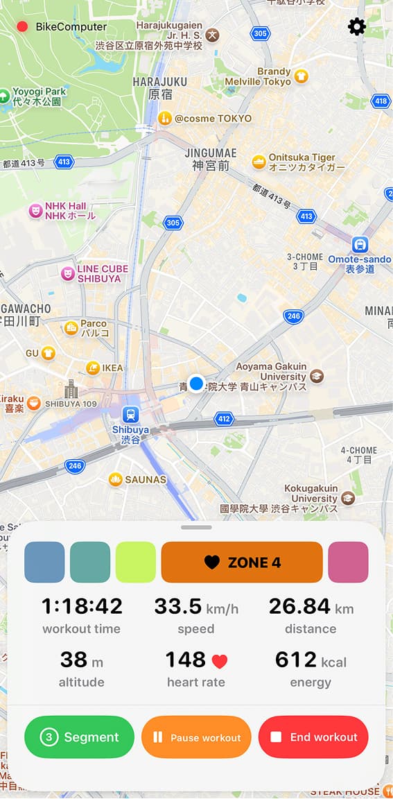 Earlier Bicino iPhone interface showing a map above heart-rate zone and cycling workout metrics.