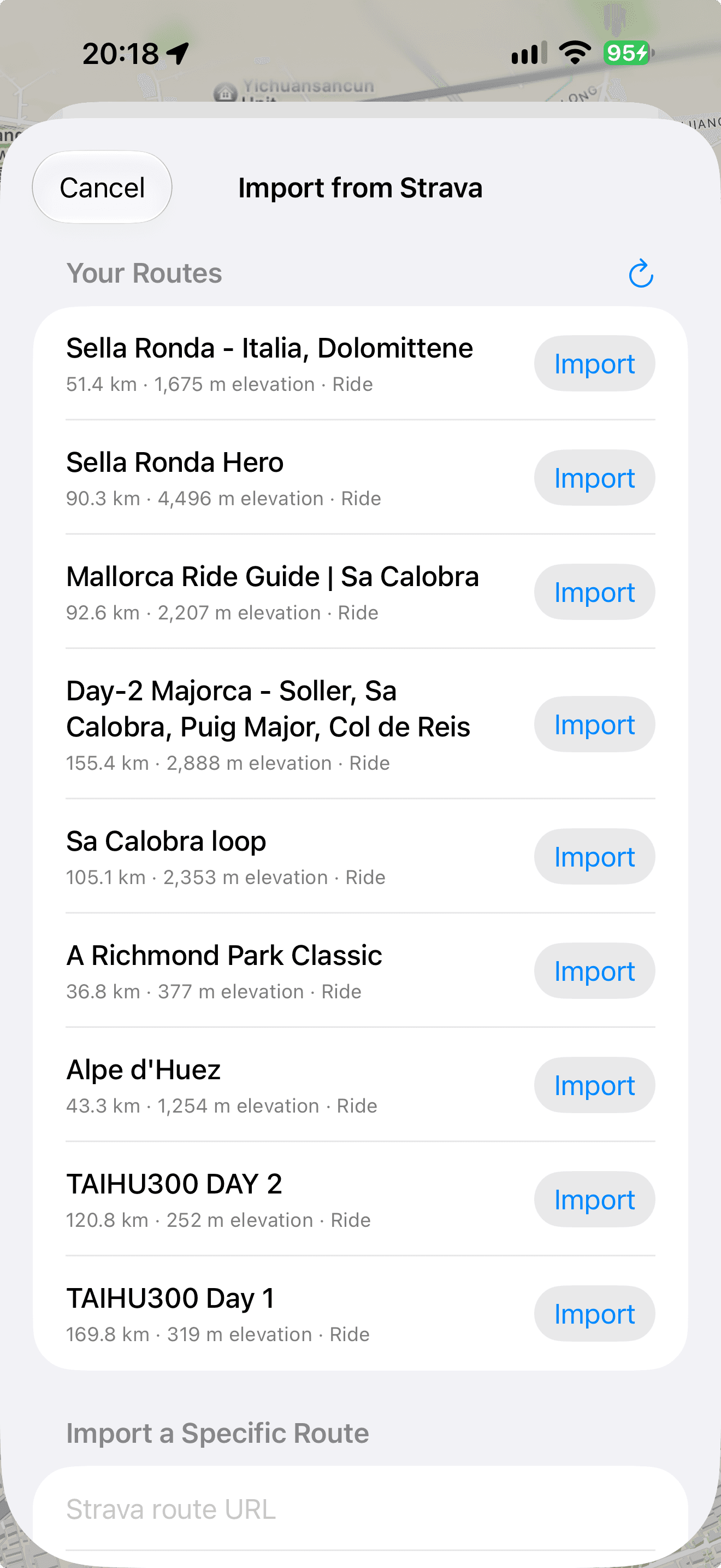 Bicino Import from Strava screen showing saved cycling routes and Import buttons.