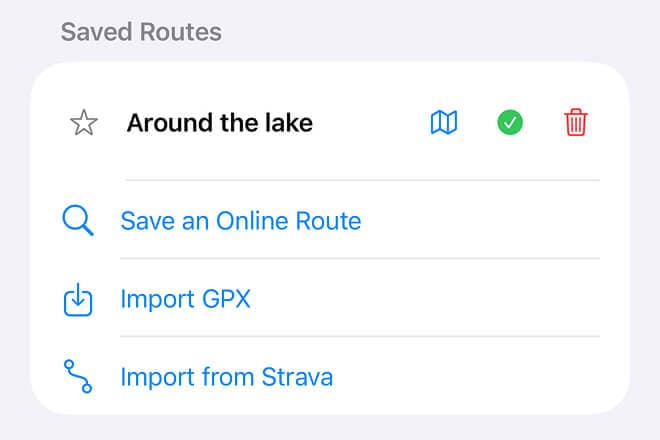 Bicino Saved Routes menu with Save an Online Route, Import GPX and Import from Strava options.