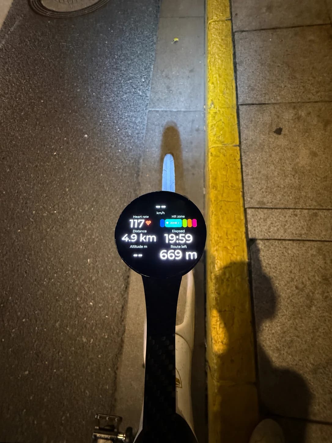 Bicino showing live speed, heart rate, distance, elapsed time, and route distance at night