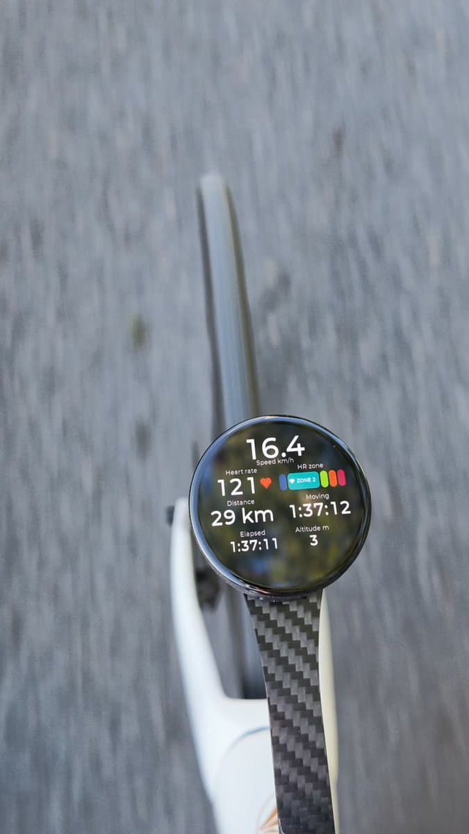 Video preview of Bicino showing live workout statistics 29 kilometres into a ride